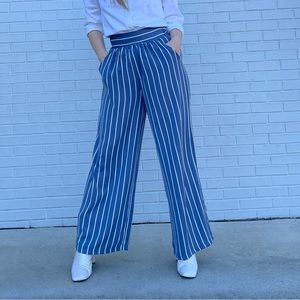 High waist blue white vertical striped flare pants